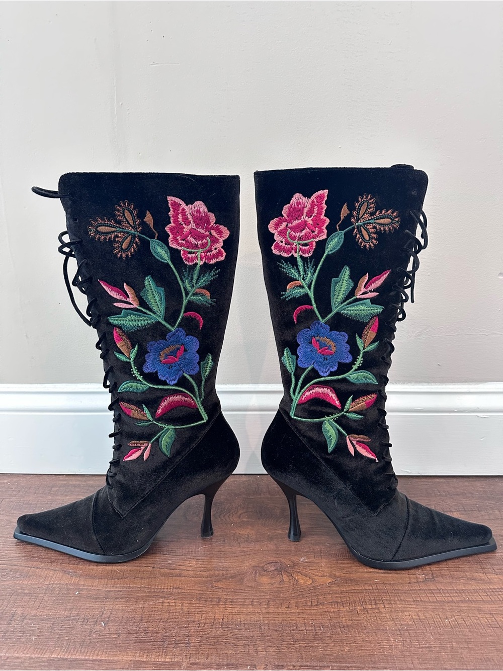 Jeffrey Campbell Black Lace-Up Mid-Calf Boots with Pink & Blue Floral Embroidery